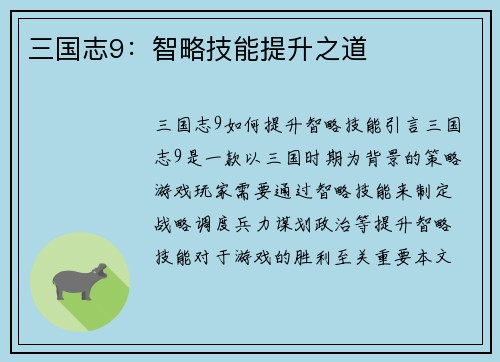 三国志9：智略技能提升之道